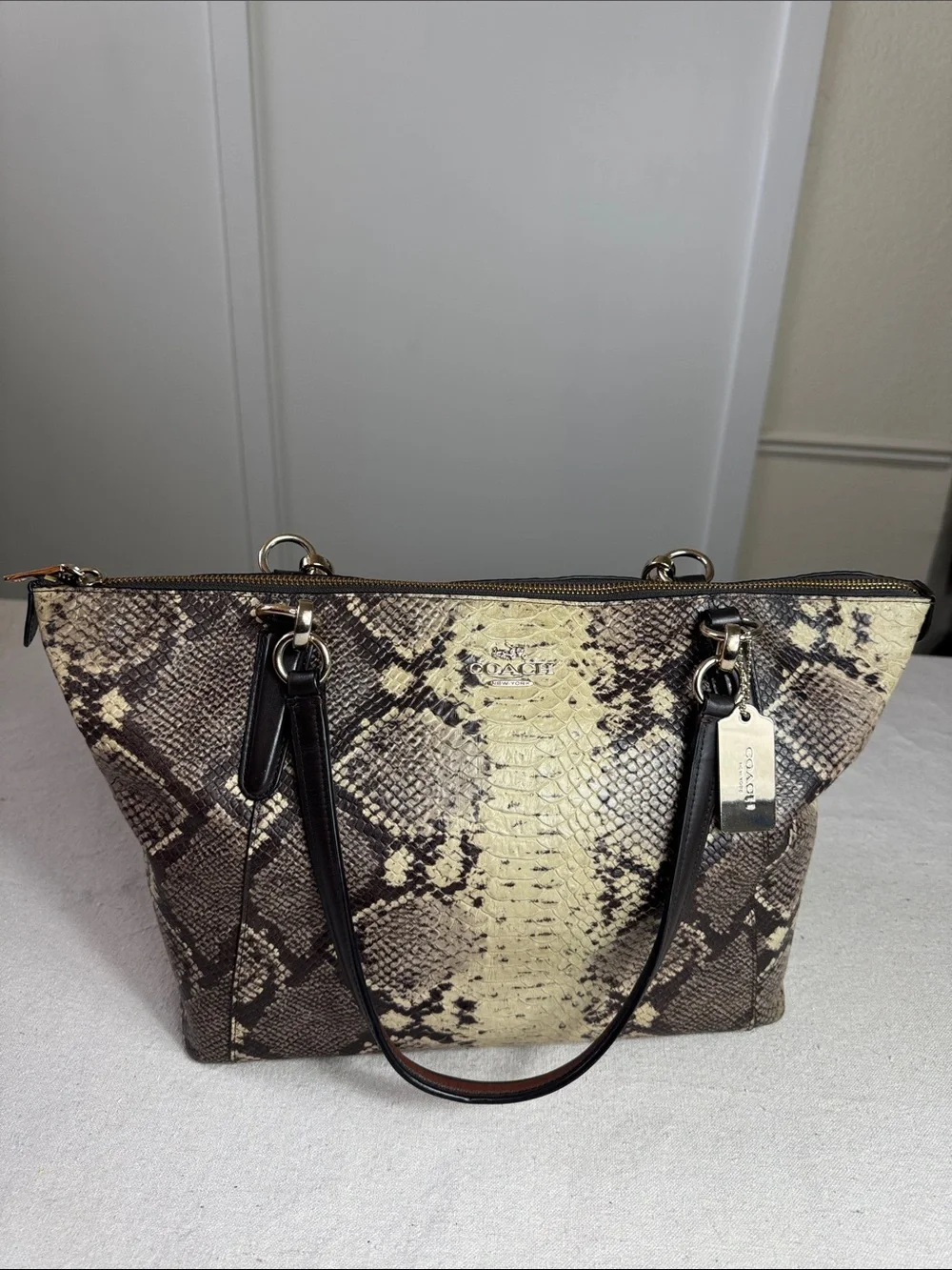 Coach Snake-Print Tote in Beige and Black
